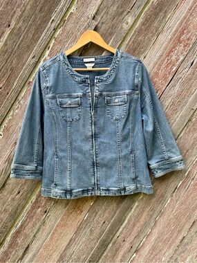 Christopher & Banks Stretch Denim Jacket Large Collarless 3/4 Sleeve Zip Front